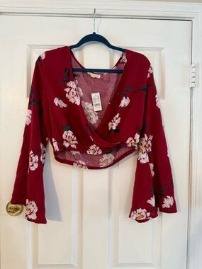 La Hearts Red Floral Wrap Crop Top